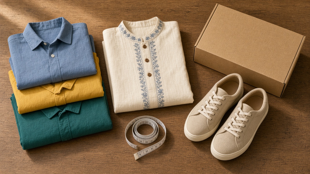 Folded shirts, a kurta, sneakers, a measuring tape and a shipping box on a wooden table