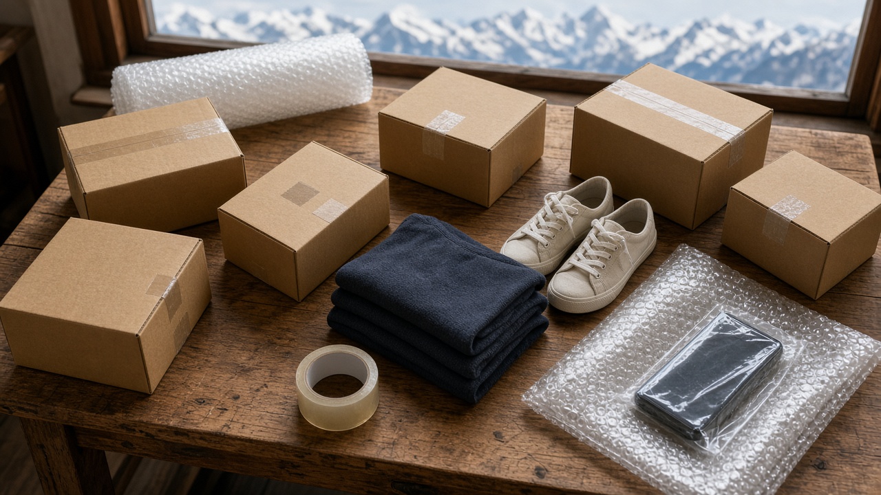 Packed cardboard shipping boxes, clothes and sneakers on a wooden table ready for shipping