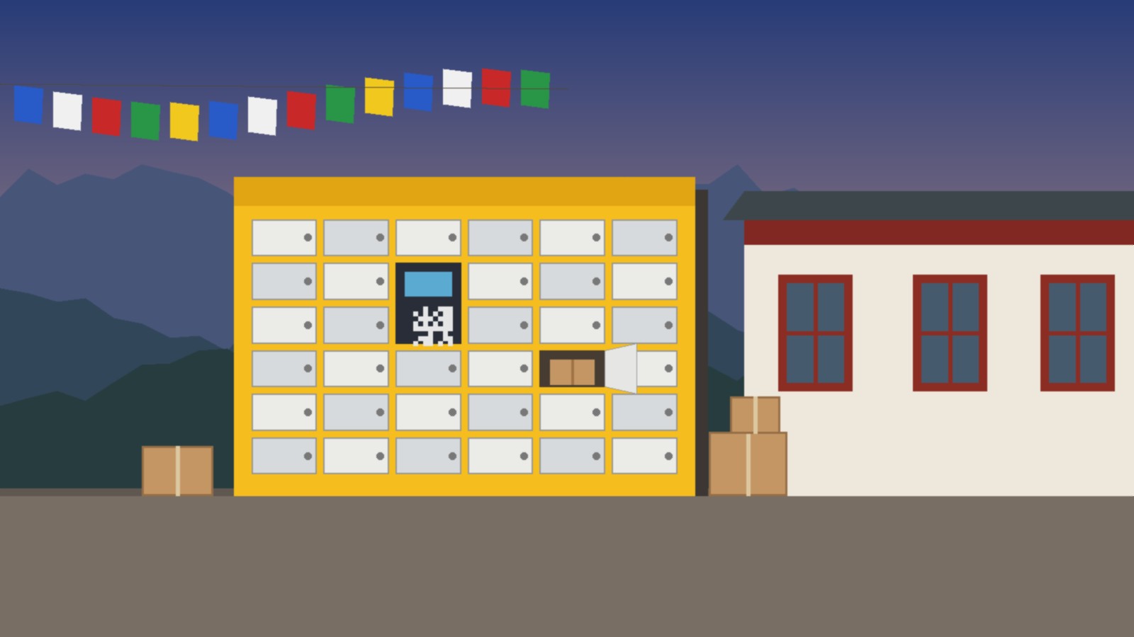Illustration of a yellow automatic parcel locker with an open compartment beside a traditional Bhutanese building at dusk