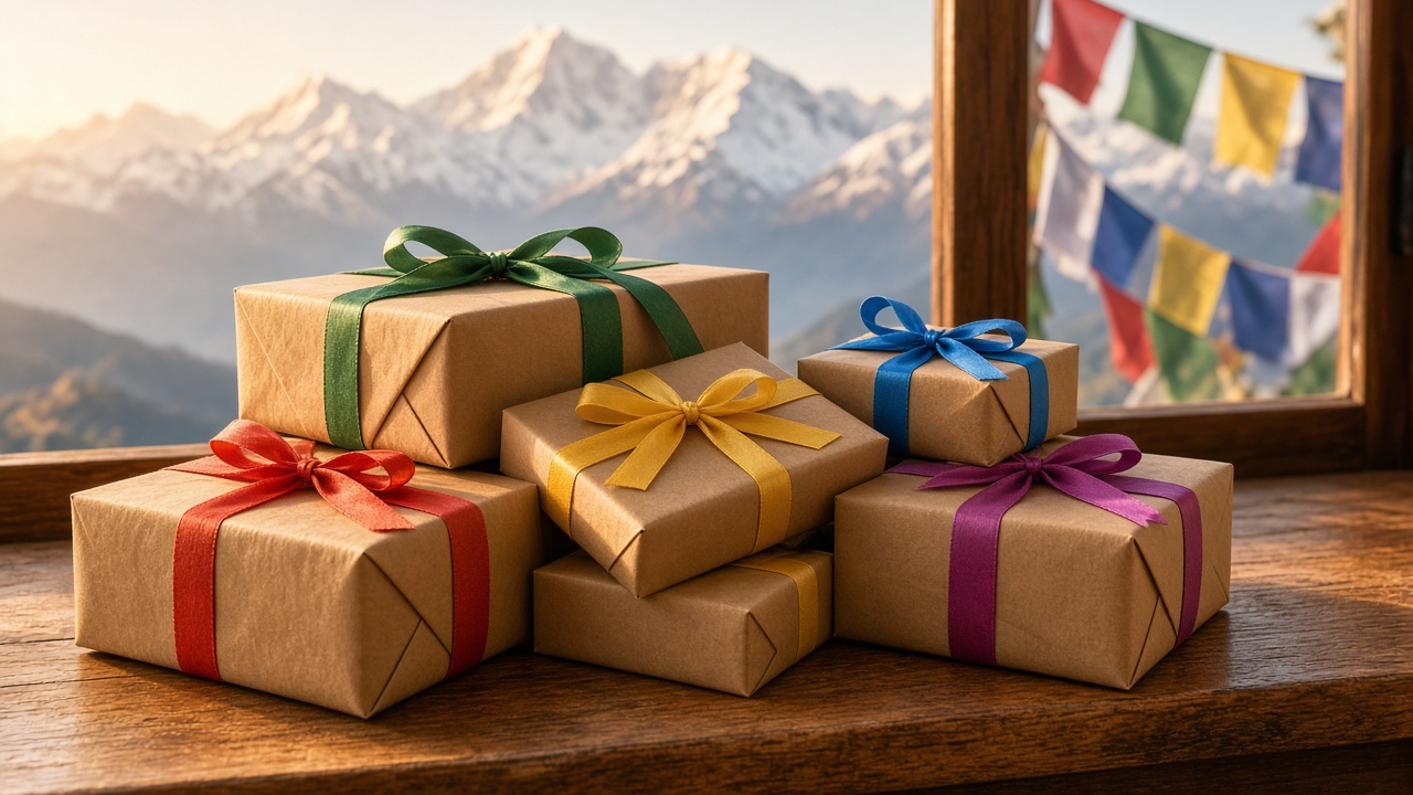Festive parcels on a wooden counter with Himalayan mountains and prayer flags