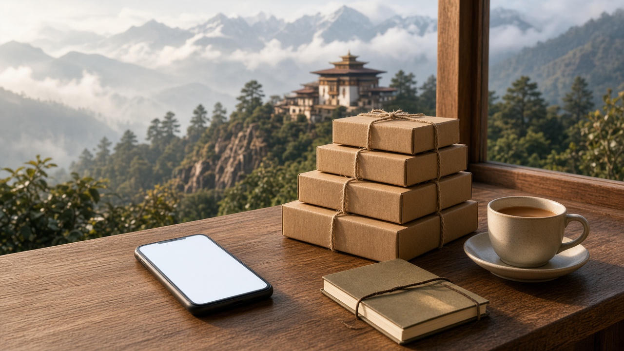 Parcels and a smartphone on a desk overlooking Bhutan's mountains