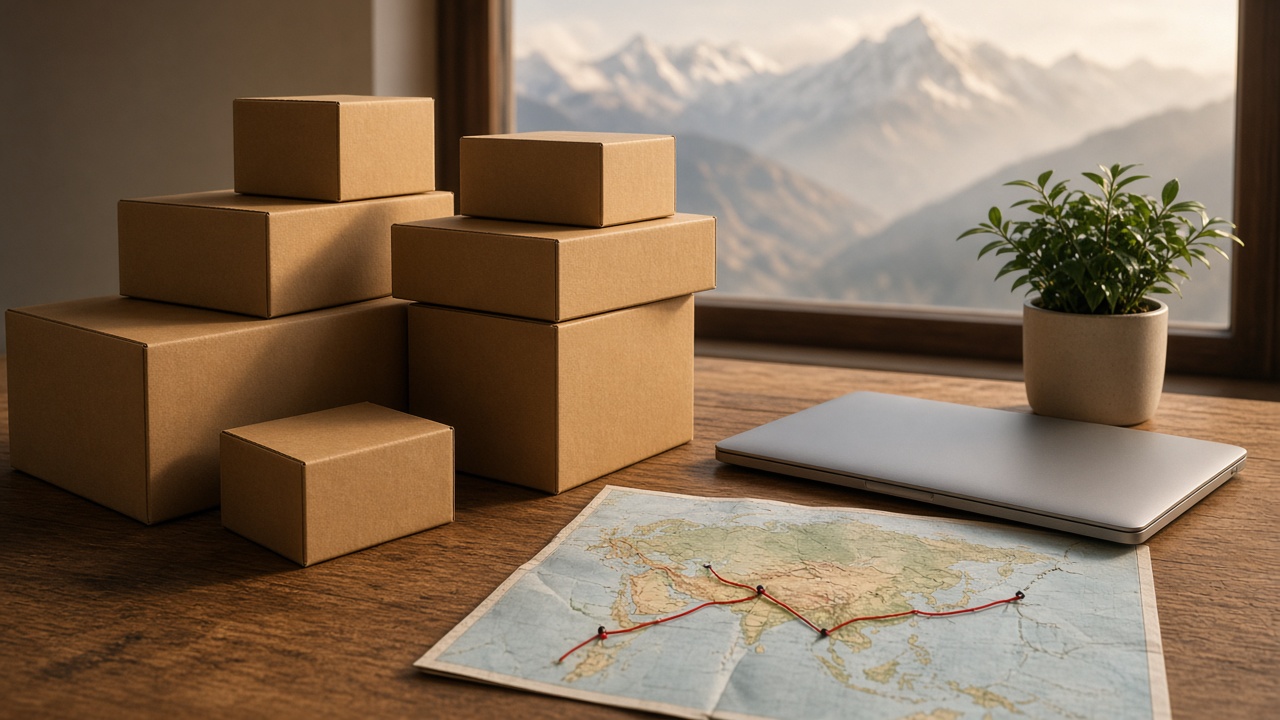 Cardboard parcels, a laptop and a map of Asia on a table by a window with mountain views