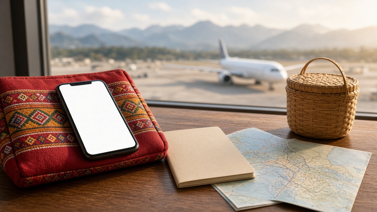 Smartphone on a red Bhutanese textile pouch beside a notebook, map and bamboo basket at an airport window