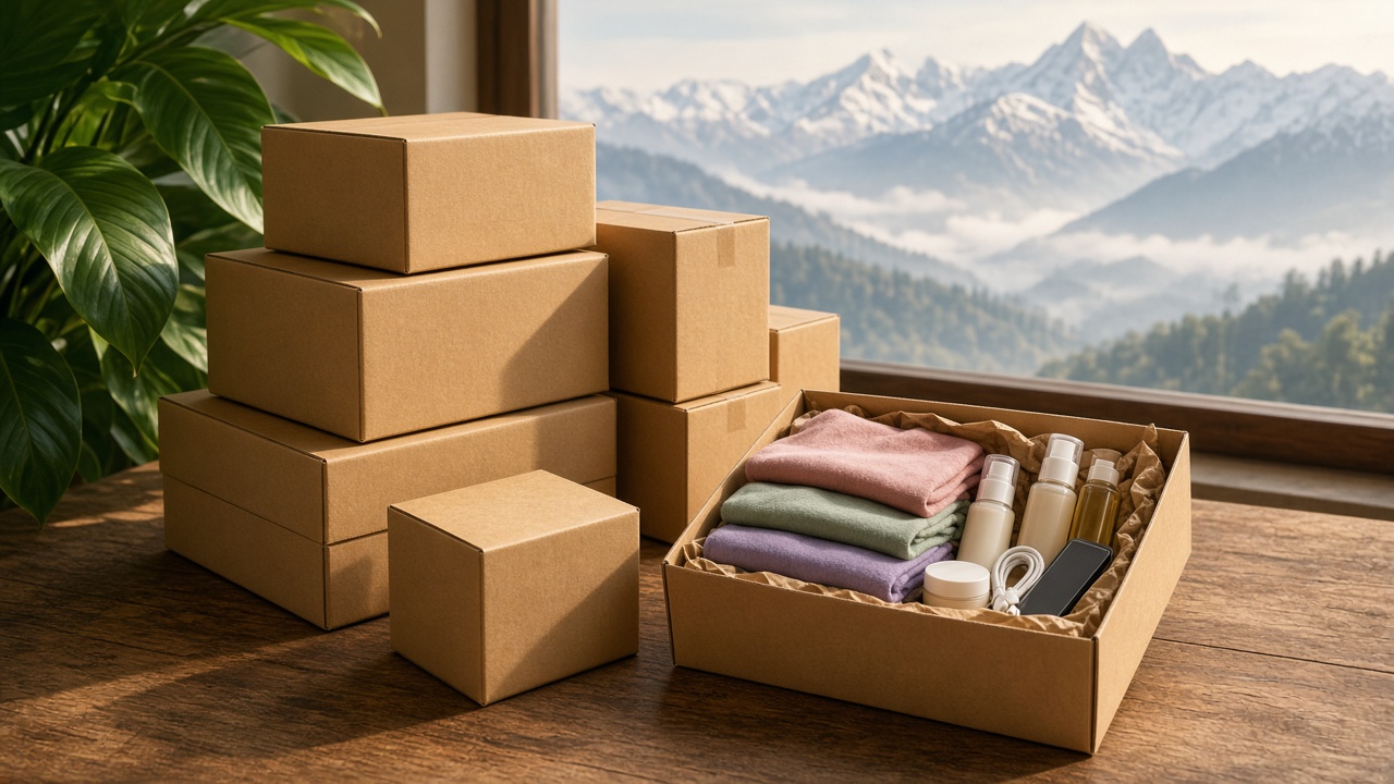 Packed parcels and an open box of clothes, skincare and accessories by a window with mountain views